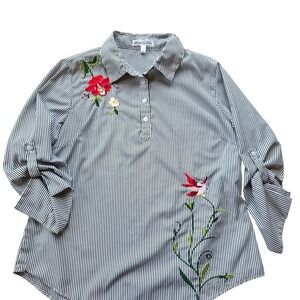 Stem And Vine Striped Embroidered Bird And Floral Tab Sleeve Blouse Size L #1032